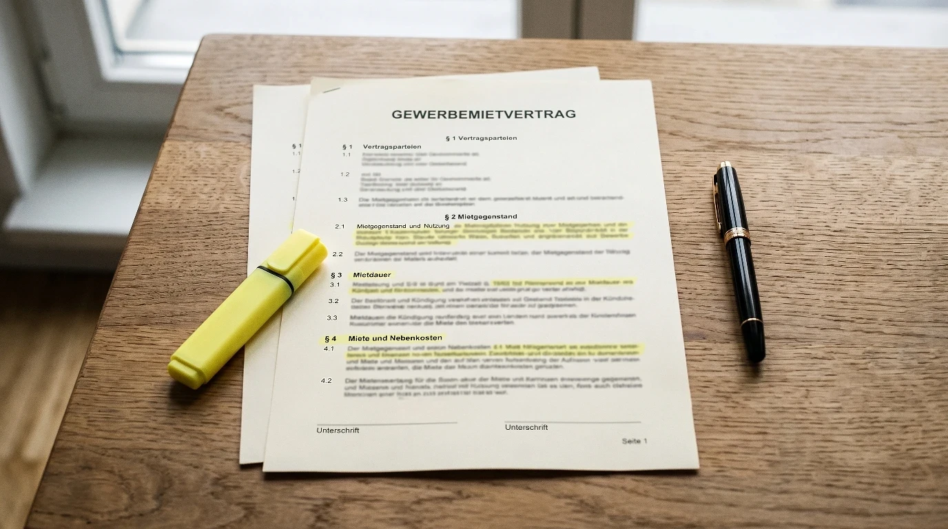 Gewerbemietvertrag zur Durchsicht auf dem Schreibtisch