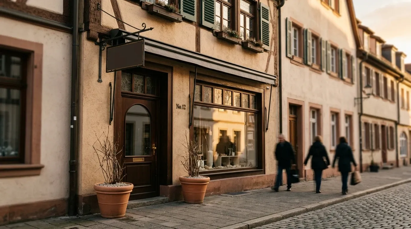 Ladenfront mit Vordach an einer belebten Einkaufsstraße